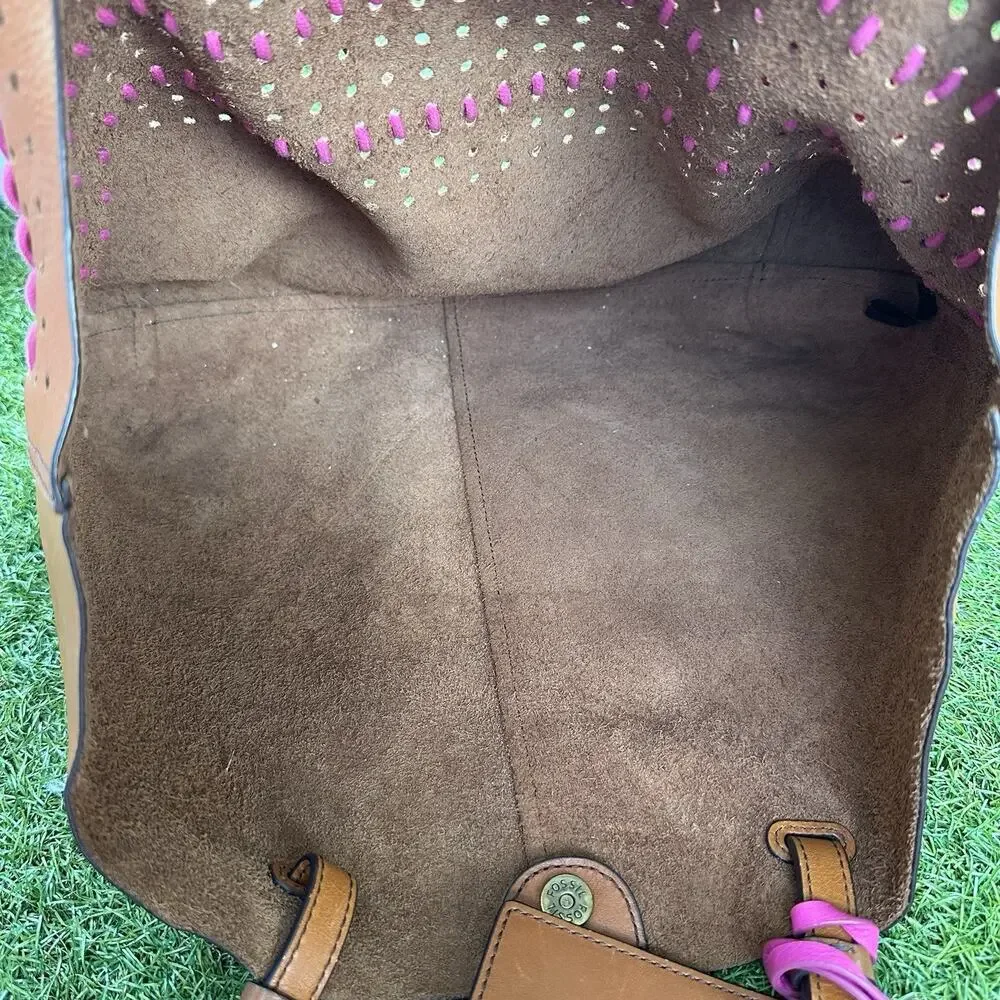 Vintage Fossil Rachel Large Tot Brown Whipstitched Leather Tassels Bag Key Pouch